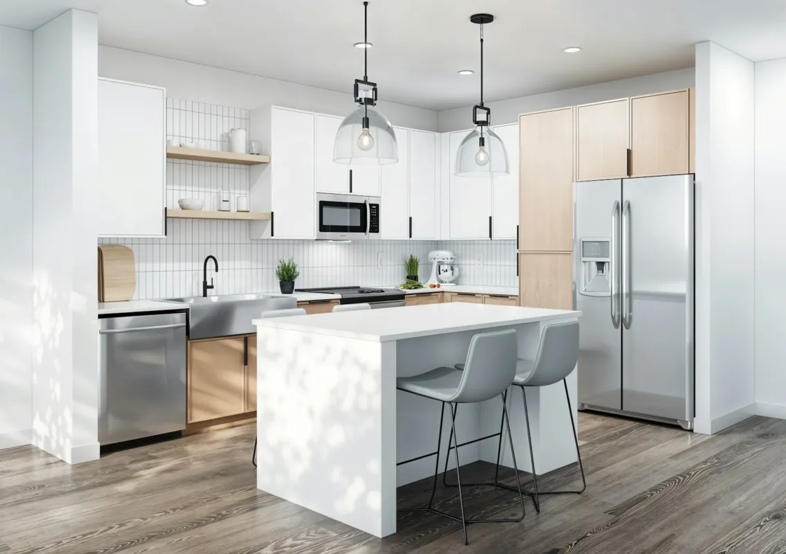 Cozinha ampla com ilha central e eletrodomésticos de inox
